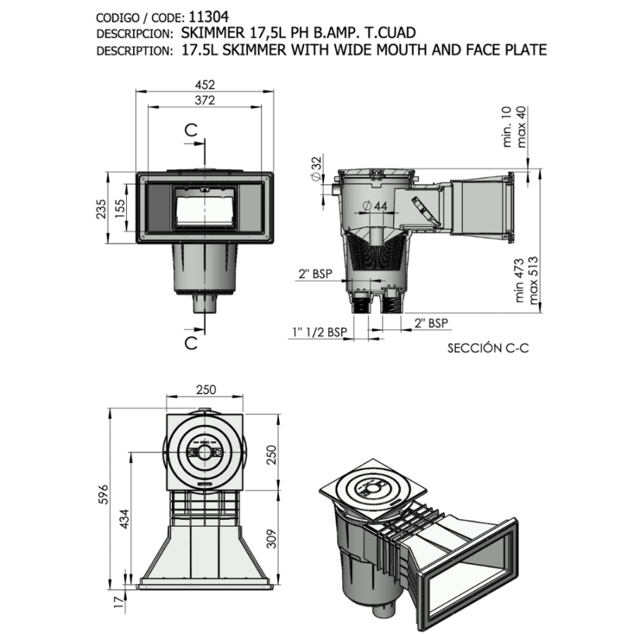 Skimmer 17,5L grande meurtrière pour piscine Béton ASTRAL PRESTIGE avec ou sans rallonge dimensions