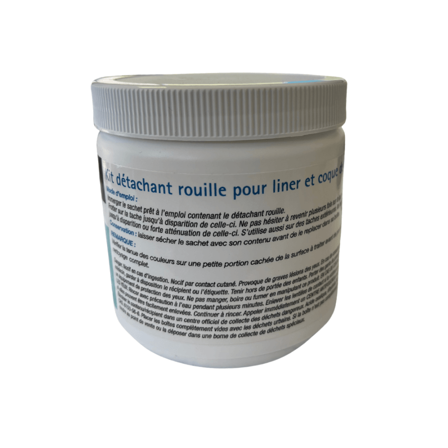 Kit détachant rouille pour piscine vu de dos avec préconisations d'utilisation