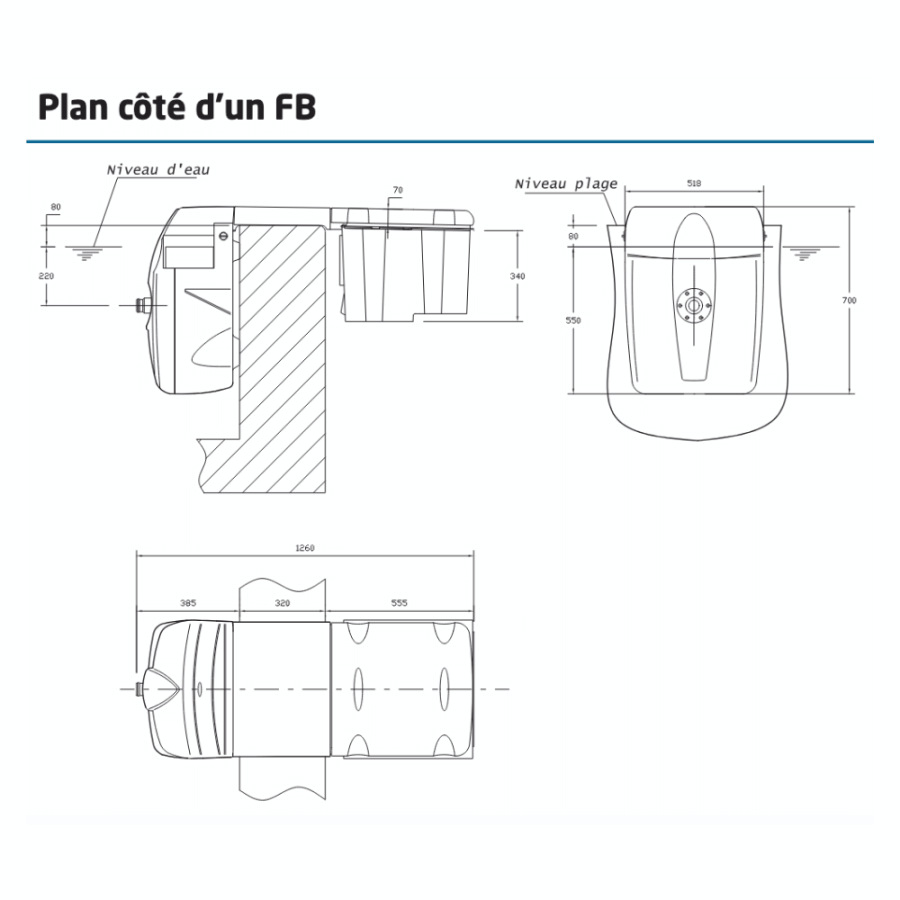 Bloc autonome FILTRINOV 45m3 de filtration pour piscine schéma des dimensions du bloc