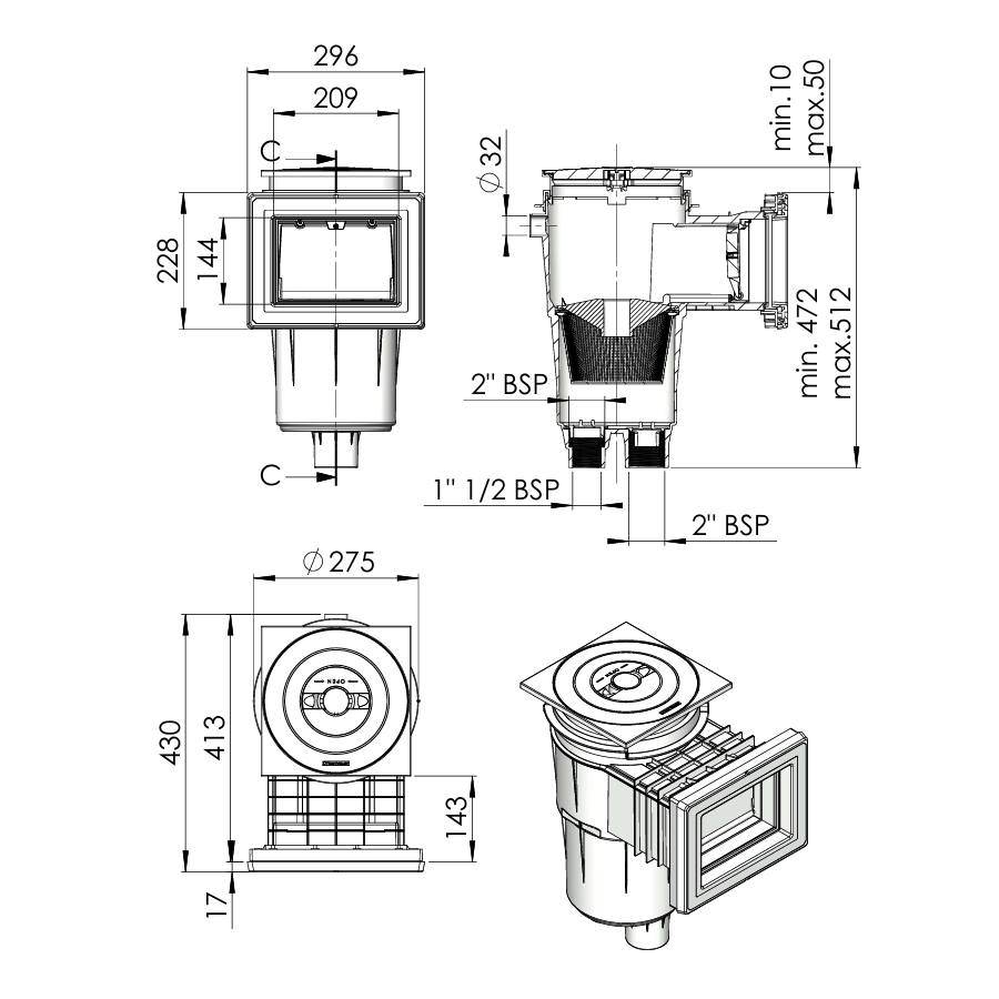 Skimmer 17,5L petite meurtrière pour piscine Béton ASTRAL PRESTIGE avec ou sans rallonge