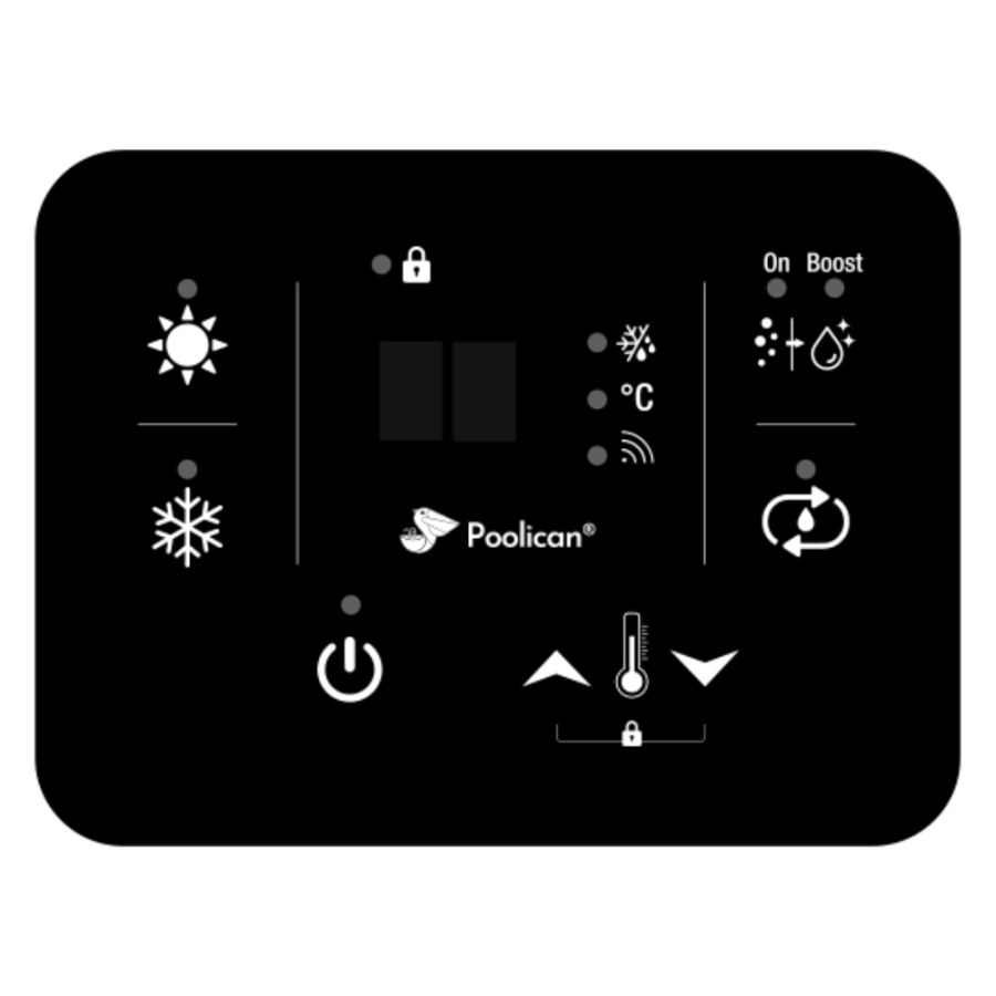 Local technique Ultra compact 4 en 1 : Filtration et Pompe à chaleur intégrée vue panneau de contrôle